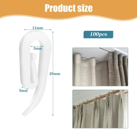 dinghaole Pack of 100 Universal Curtain Hooks, Plastic Curtain Hooks for Hanging, Curtain Rolls, White Curtain Hooks for Shower Curtains, Window Curtains, Door Curtains