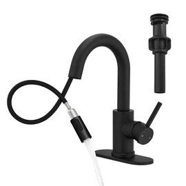 Black Bathroom Sink Faucet with Pull Out Sprayer for Sink 1 Hole,Bar Sink Faucet with Pop-Up Drain,Stainless Steel Single Handle Kitchen Faucet 360°Swivel Bathroom Faucets for Two Water Outlet Modes