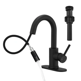 Black Bathroom Sink Faucet with Pull Out Sprayer for Sink 1 Hole,Bar Sink Faucet with Pop-Up Drain,Stainless Steel Single Handle Kitchen Faucet 360°Swivel Bathroom Faucets for Two Water Outlet Modes