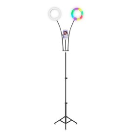 Supersonic SC-2710SR Double 8-inch Selfie Ring Light, 3 Color Lighting Modes, 32 RGB Modes, 10 Brightness Levels, 360° Rotatable Phone Holder, USB Powered, in Line Controller and Retractable Tripod