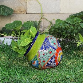 Evergreen Garden Talavera Mexican Pottery Ceramic 13 in.White and Green Tilted Chata | Flower Pot Plant Succulent | Indoor Outdoor