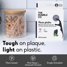 The Humble Co Dental Floss Picks for Teeth, 200 Count (Charcoal) - Single Thread Tooth Picks Flossers for Adults Gum Health - Plant-Based Toothpick Floss for Interdental Oral Care & Hygiene