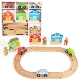 Wooden Train Set for Toddler, Wooden Tracks fits Thomas, fits Brio, fits Chuggington, fits Melissa and Doug - Expandable, Changeable Train Toy for 3 4 5 Years Old Girls & Boys (Farm)