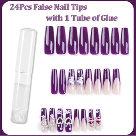 Long False Nails With Glue - 24pcs Coffin Press on Nails -3D Purple Kawaii Kitty Fake Nails - Stick on Nails for Women - Full Cover Acrylic Nail Tips for Manicure Nail Art Home
