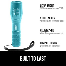 GORILLA GRIP Powerful LED Tactical Flashlight, 750 FT High Lumens 5 Adjustable Modes, Water Resistant, Ultra Bright Zoom Flashlights, Small Mini Flash Light, Camping, Night Dog Walking, Turquoise