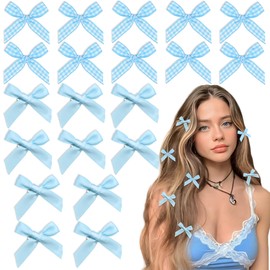 Arocooy Blue Plaid Hair Bow Clips 20pcs Mini Coquette Bows Gingham Y2K Hair Clips Cute Ponytail Bowknot for Girls Women