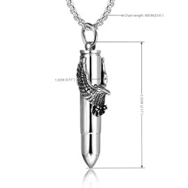 BIYONGDE Steel Vintage Flying Eagle Bullet Urn Ashes Keepsake Cremation Prayer Memorial Holder Locket Pendant Necklace (Silver Color)
