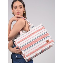 Treebee Handwoven Tote Bag - Large Striped Boho Shoulder Bag with Padded Handles, Eco-Friendly Reusable Shopping & Beach Bag for Women