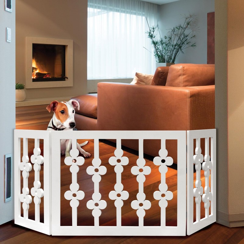 Etna White Floral Wooden Pet Gate - Freestanding Foldable Adjustable