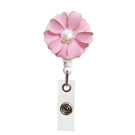 Bling Pink Multiple Retractable Badge Holder with Alligator Clip, 24 inch Retractable Cord, ID Badge Reel with Pearl Labels Indexesand Stamps