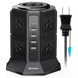 Micshion Tower Vertical Outlet 2 Bipolar Switches AC 8 USB 4 Ports (4.5A/5V) 1500w Input 100v-125v Fast Charging Lightning Guard Protection Overload Protection Extension Cord 2m for Work Home Black