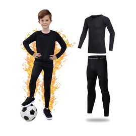 Kelvindra Base Layer Kids - Fleece Lined Skins for Boys Athletic, Warm Football Skins Suit for 4~13 Age, Long Sleeve Top & Bottom Kids Thermal Base Layer Set for Ski Running and Daily Life Black