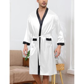 SWOMOG Men's Lightweight Kimono Robe Satin Bathrobe with Shorts Set Silky Soft Sleepwear