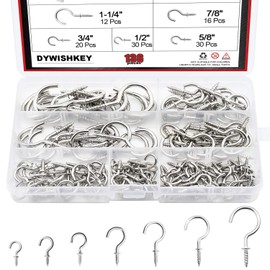 Cup Screw Hooks for Hanging, DYWISHKEY 136PCS 7 Sizes Cup Hooks Kit, Nickel Plated Screw-in Cup Hooks for Home, Office and Workplace (1/2", 5/8", 3/4", 7/8", 1'', 1-1/4", 1-1/2")