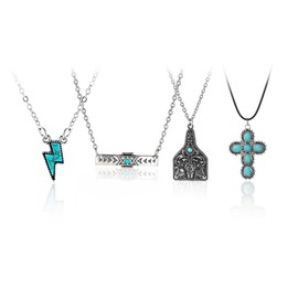 Natural Turquoise Boho Western Jewelry Set - Bull Head Cow Tag Lightning Bolt Horseshoe Hippie Accessories Cross Bar Pendant Necklaces for Women Men - 4 Pieces