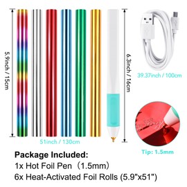 Hot Foil Roll & Hot Heated Foil Pens Set, Foil Quill Tool Freestyle Starter Kit, Includes 1 USB Heat Foil Pen and 6 PCS 5.9inch x 4.26feet Glimmer Foil Rolls for Card Making Craft Stamping Projects