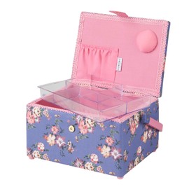 Medium Sewing Box with Compartments in a Purple Floral Fabric with a Dressmaker's Dummy Appliqué Lid. 18.5 x 26 x 15cm. Sewing Online GA1115M