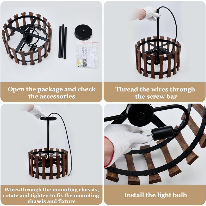 2-Light Farmhouse Wood Pendant Lights Rustic Wood Chandeliers with Black