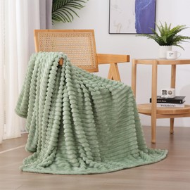 Linecooo Sage Green Fleece Throw Blanket 60”×80” for Couch Sofa Bed,Super Soft Cozy Plush Microfiber Flannel Blanket with Stripes Design Lightweight for Adults,Woman,Girls
