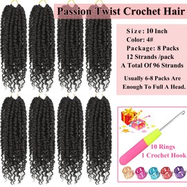 Alrence Passion Twist Crochet Hair 8 Packs Pre twisted Passion Twist Hair For Women Soft Bohe Pre-looped Crochet Braids (10 Inch (Pack of 8), 4#)