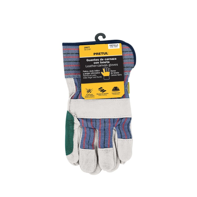 Pretul GU-215P, Guantes de carnaza y loneta con refuerzo, unitalla,