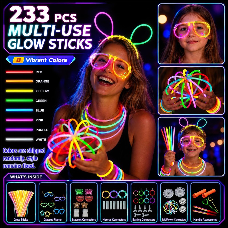 SilverChry 233 pezzi Fluo Party Kit, 100 Braccialetti Luminosi Fluorescenti,
