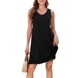 Actcat Womens Summer Beach Cover Up Mini Dresses Casual Sleeveless Loose V Neck Swing Flowy Sundress Cruise Resort Wear(Black,XX-Large)