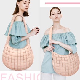 Kamsyluci Puffer Tote Bag For Women Quilted Crossbody Bag, Lightweight Puffy Purse Large Hobo Puff Shoulder Handbags (Pink)