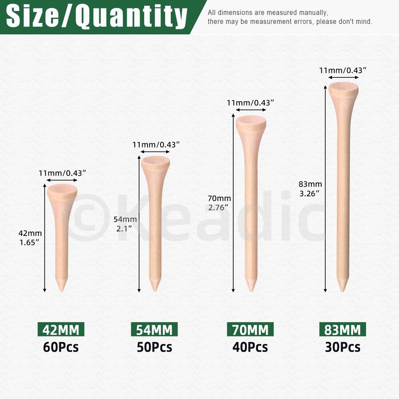 Keadic 180Pcs Wood Golf Tees Assortment Set, 1-5/8” 3-1/4" 2-3/4"