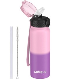 GOPPUS 600ml/20oz Stainless Water Bottle with Straw Double Wall Insulated Bottles with Strap Reusable Vacuum Thermal Flask Leakproof Keep Cold Drinks Bottles with Flip Top Lid for Men Women BPA Free