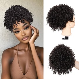 Curly Drawstring Ponytail Extension for Black Women Short Afro Kinky Curly Drawstring Ponytail Synthetic Natual Black Fake Ponytail Extension Curly Messy Hair Buns for Black Women (Natural Black)