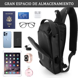 Mochila Cruzada para Hombre Antirrob, SWRWJ Bolso de Pecho Impermeable, Bolso Bandolera con Puerto USB y Bloqueo de Contraseña, Mariconera Hombre para Tablets,Deportes,Viajes