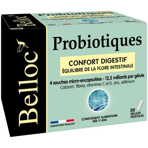 Belloc Probiotics – Digestive Comfort – Balance of Intestinal Flora – 4 Microbiotic Strains – For Ages 11 and Above – 30 Vegetable Capsules