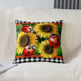 Manfei Cute Ladybug Cushion Covers Set of 2 Yellow Sunflower Rustic Plant Throw Pillow Covers for Outdoors Chair Office Black White Geometric Grid Cushion Case for Bedroom Car Party Couch,16"X16"