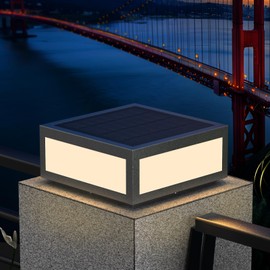 BUINNE Solar Pillar Lights Outdoor Solar Lamp Post Light Waterproof for Columns, 12x12 Inch Modern Square Gray Black, Dusk to Dawn 3000K Warm LED for Yard, Top Wall Post, Fence Decorations
