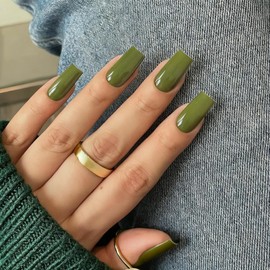 KQueenest Olive Green Press on Nails Long Medium Square, Sage Green Fake Nails Medium Coffin, Glossy Sheer Color Acrylic Nails Press ons, Reusable Soft Gel Glue on Nails for Women Fall Winter