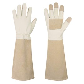 HANDLANDY Long Gardening Gloves for Men and Women, Pigskin Leather Rose Pruning Gloves- Breathable & Durability, with Thorn Proof Gauntlet (Small, Beige)