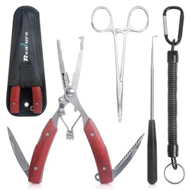 Realure 3-Piece Multifunctional Fishing Pliers Set with Lanyard, Includes Ateria Pliers, Hook Remover, Fishing, Line Cutter, Fishing Pliers for Hook Remover, Snap Ring, Portable, Stainless Steel (Red)