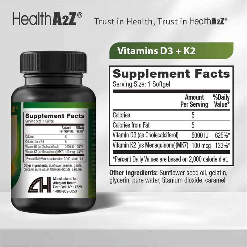 NutraA2Z Vitamins D3 & K2 5000IU + 100mcg (90 Softgels)