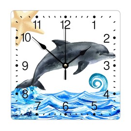 Zyadsinoudor PVC Clock Mid Century Dolphin Starfish Numeral Clocks Sea Wave Summer Beach 10in Battery Operated Mediterranean Style Square Hanging Clock for Gifts Home Office School Kitchen Living Room