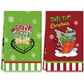 POLCANUR Christmas Grinch Kitchen Towels 2 Pieces,Green Elf Christmas DishTowels Hand Housewarming Gifts for New Home,Christmas Farmhouse Decor for Kitchen,Bedroom,Bathroom(17.7 x 27.5 Inch)-Red