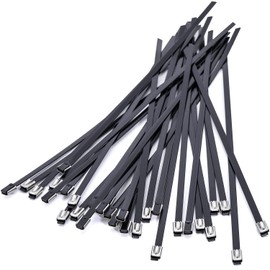 Stainless Steel Cable Ties 400 x 5.5 mm Long, Black Polyester Coating Cable Ties Metal Rustproof UV Resistant Cable Ties for Balcony Railings, Exhaust Hose, Barbed Wire Repairing, Pack of 30