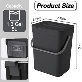 CXGFVRE 1.3 Gallon/5L Compost bin Kitchen, for use on countertops or Under Sinks, Hanging Trash can with lid, for Cupboard/Bathroom/Bedroom/Office/Camping, Mountable Indoor Compost Bucket(Black)