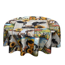 Granbey Farmhouse Cow Print Tablecloth Round - Farm Sunflower Floral Animal Table Cloth Cover 60 Inch for Party Picnic Dinner Decor