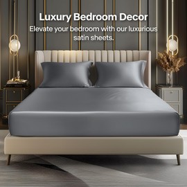 BEDELITE Satin Fitted Sheet and Pillowcases Set, Luxury Soft Similar to Silk Bottom Bed Sheet with Elastic Corner Straps, Deep Pocket up to 15 Inch, 1 Fitted Sheet and 2 Pillowcases(King, Dark Grey)