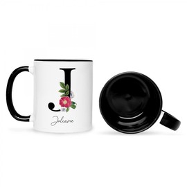 Bedruckte Tasse mit Personalisierung des Namen & Anfangsbuchstaben - im Floral Design - Geschenk für Mama Papa Geburtstag Muttertag Valentinstag Weihnachten - für Sie & Ihn Farbe Schwarz & Weiß