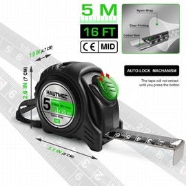 HAUTMEC 16 Ft (5m) Easy To Read Heavy Duty Tape Measure, Imperial Metric Inches Scale, with Retractable Nylon Coated Measuring Tape Ruler Blade and Sturdy Shock Absorbent ABS Rubber Case HT0100-TM