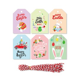 48pcs Happy Easter Hanging Tags Catoon Easter Bunny Pattern Paper Tags with Cotton Strings for Easter Spring Holiday Party Decoration