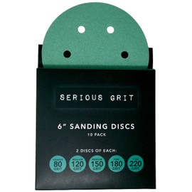 Serious Grit - 6-Inch 6-Hole Sanding Discs Sample Pack - 80, 120, 150, 180, 220 Grit (2 of Each) - Heavy-Duty Hook & Loop Film Discs - Sandpaper for Random Orbital Sanders - 10 Disc Pack