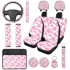 DBBXHZJY 14 Pcs Pink Cow Print Car Seat Covers with Steering Wheel Cover,Armrest Cushion,Seat Belt Covers Cup Holder with Keychain,Cute Pink Automotive Protector Set Unverisal Fit Cars SUV Turcks